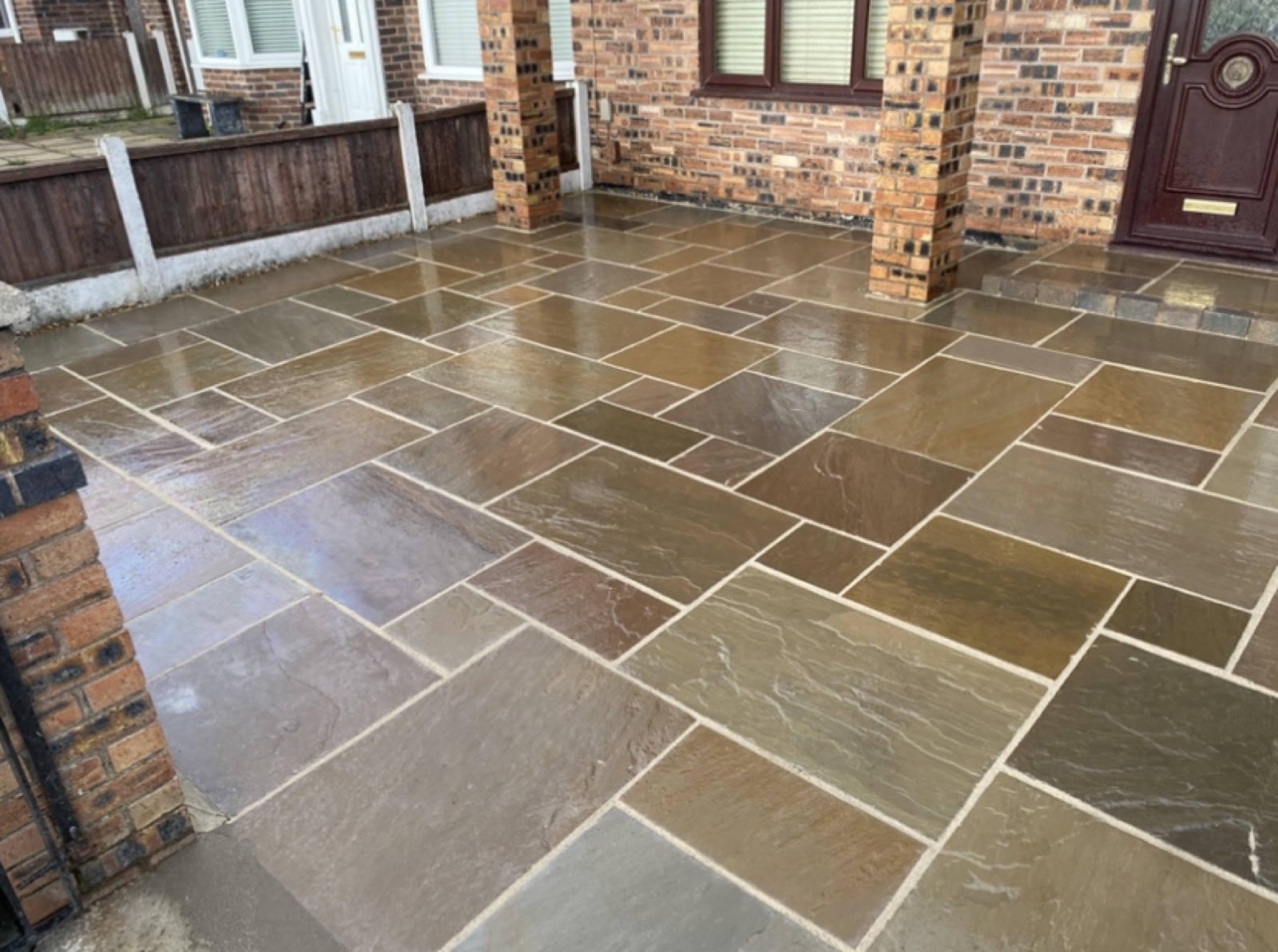 Wet finish Indian sandstone patio after Hedgeway laid it